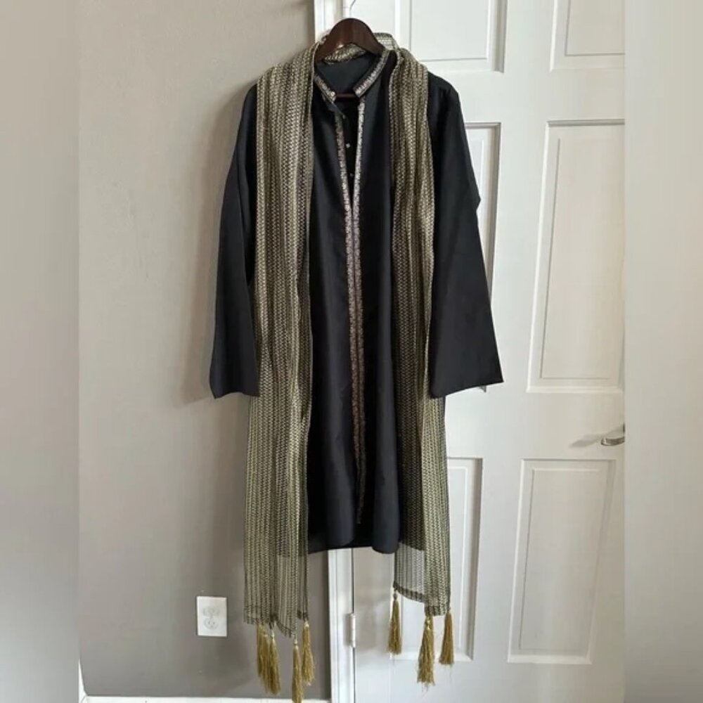 Black Kurta with Gold Tassel Scarf